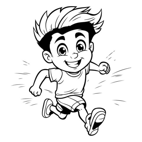 Running Boy - Black and White Cartoon Illustration. Vector-Illus