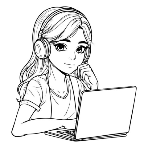 Teenager girl with laptop and headphones. Vector illustration of