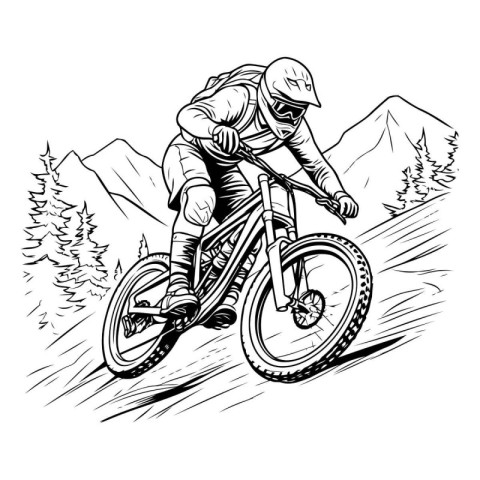 Mountain biker rider on the road. sketch vector illustration.