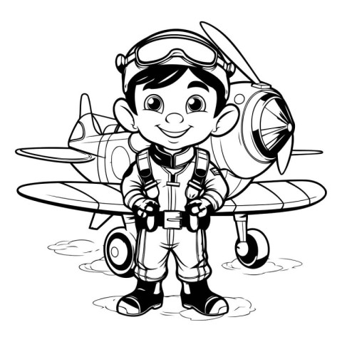 Black and White Cartoon Illustration of a Kid Boy Astronaut or P