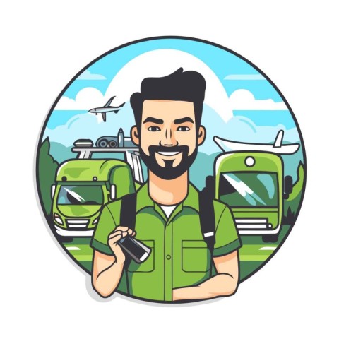 Hipster traveler with mobile phone and backpack. Vector illustra