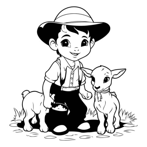 Cute cartoon boy with baby goat. Black and white vector illustra