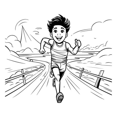 Vector illustration of a boy running on the road. Line art.