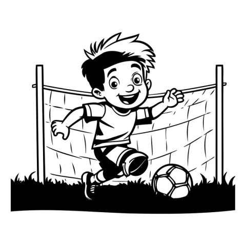 Boy playing soccer. black and white vector illustration. isolate