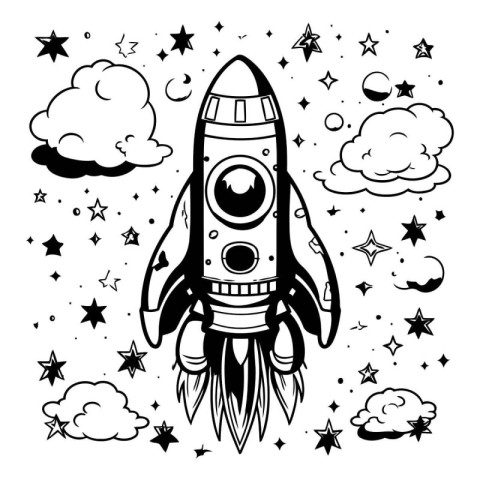 Space rocket with stars and clouds. Hand drawn vector illustrati