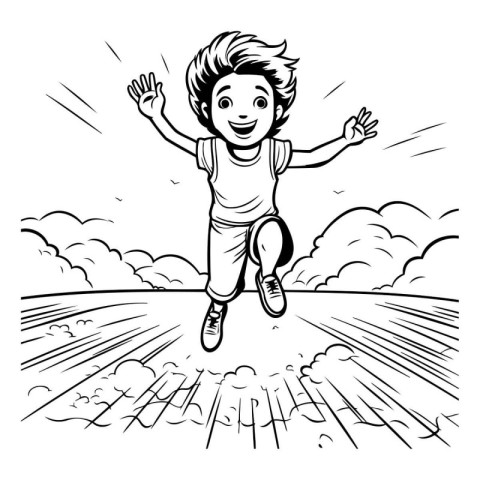 Black and White Cartoon Illustration of Happy Kid Jumping Outdoo