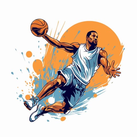 Basketball player jumping with ball. Vector illustration on whit