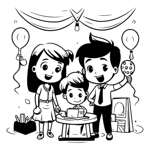 Black and White Cartoon Illustration of Happy Family Celebrating