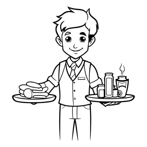 Black and White Cartoon Illustration of a Man Waiter Holding a T