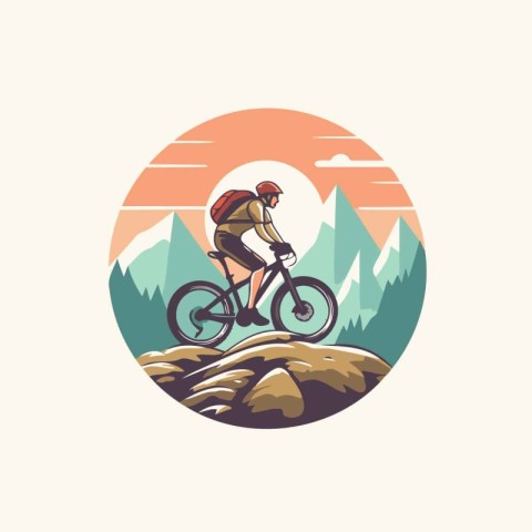 Mountain biker vector illustration in flat style with mountain l