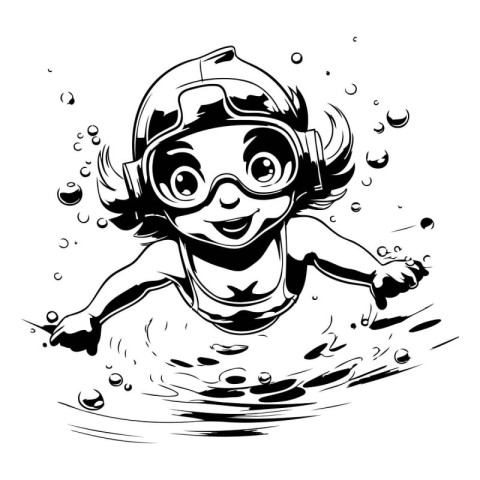 Cute little girl diving in the sea. Vector illustration. Black a