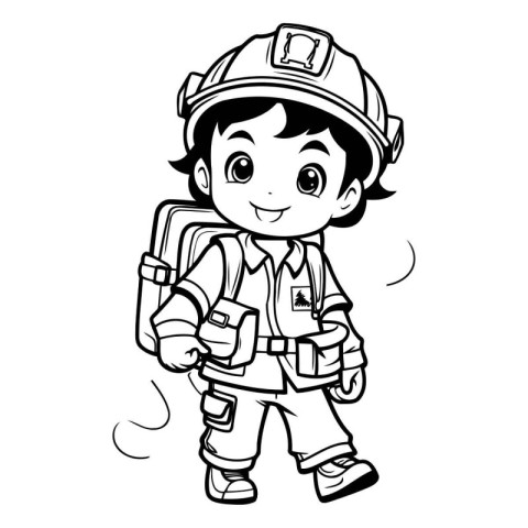 Black and White Cartoon Illustration of Cute Firefighter Boy Cha