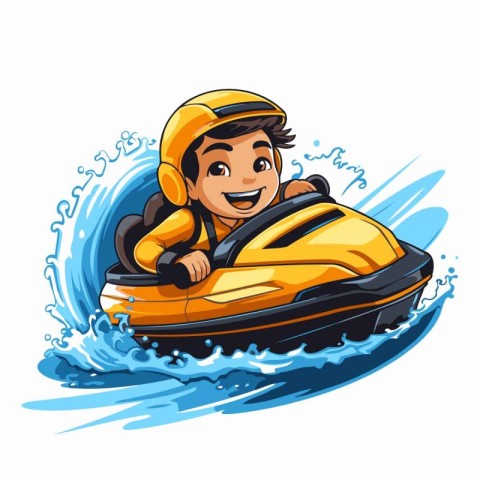 Cartoon boy riding jet ski. Vector illustration isolated on whit