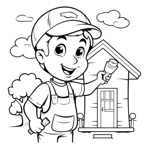 Black and white illustration of a boy in overalls repairing a ho