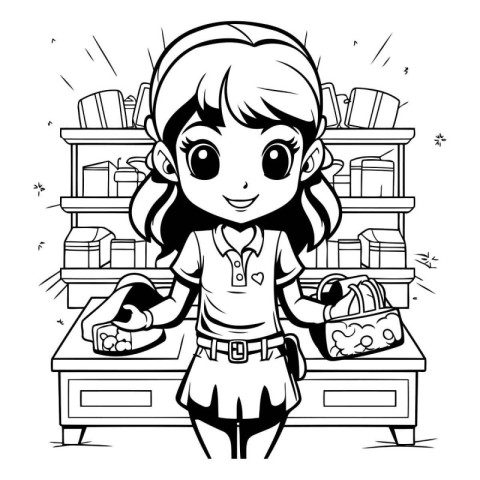 Black and White Cartoon Illustration of Teenage Girl Student wit