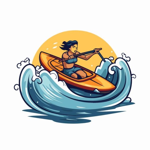 Vector illustration of a man in a kayak on the waves.