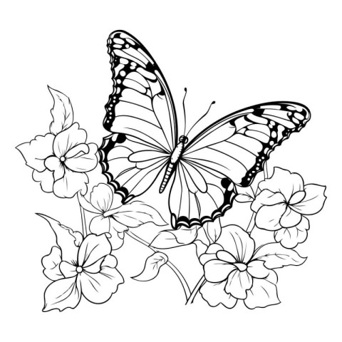 butterfly and flowers in black and white vector illustration gra