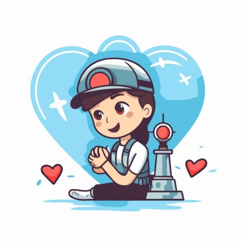 Cute boy playing chess. Vector illustration in a flat style.