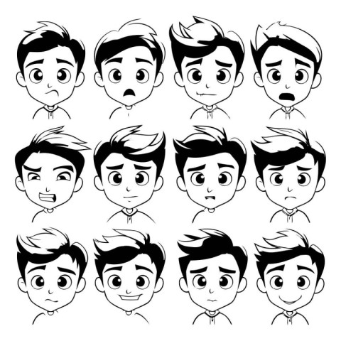 cartoon man face expressions set. black and white vector illustr