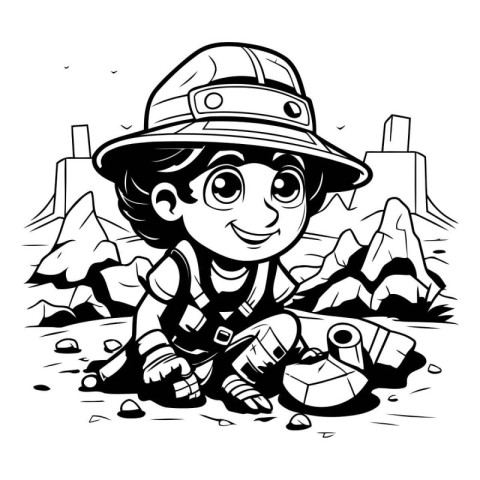 Cartoon boy in safari outfit. Black and white vector illustratio