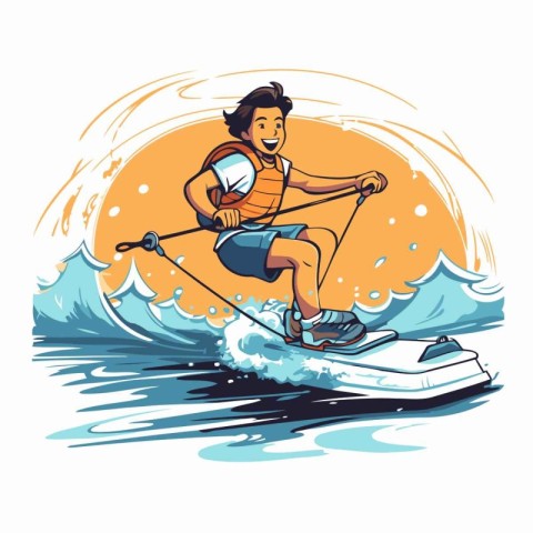 Man riding a wakeboard on the waves. Vector cartoon illustration