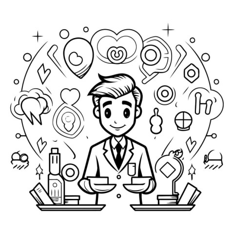 Line art illustration of a waiter standing in front of a tray fu