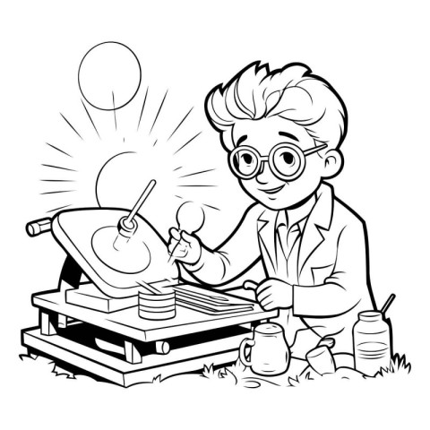 Black and White Cartoon Illustration of Schoolboy Learning to Wr