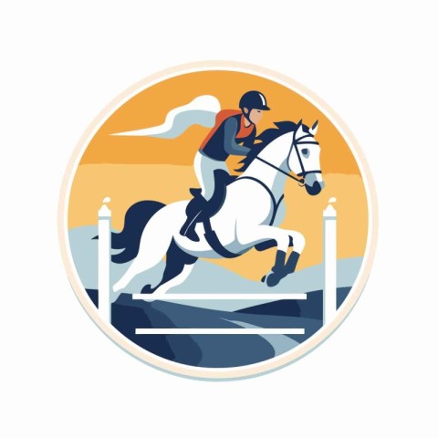 Illustration of a horse rider jumping over obstacle set inside c