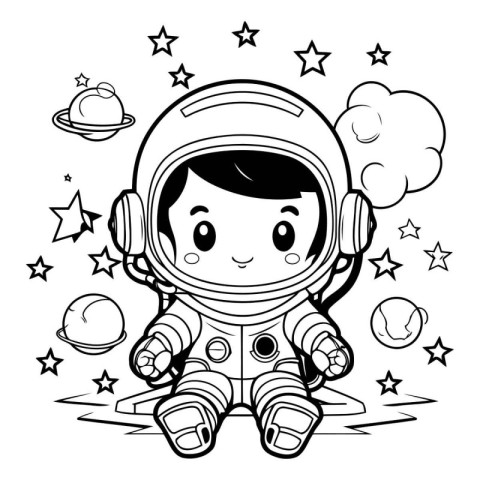 Cute astronaut girl in space. Vector illustration for coloring b