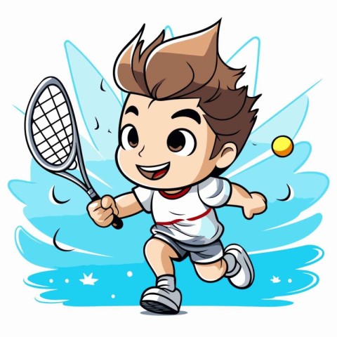 Cartoon boy playing tennis on a white background. Vector illustr