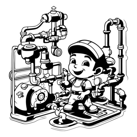 Vector illustration of Cartoon mechanic repairing the water pipe