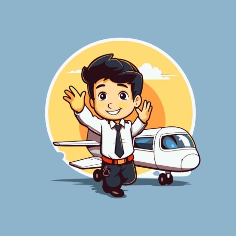 Businessman with airplane on the background. Vector cartoon char