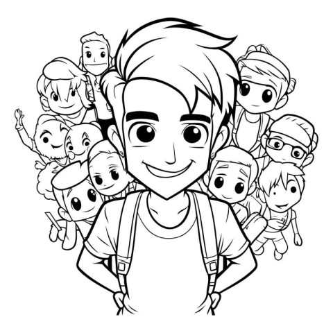 Black and White Cartoon Illustration of Happy Kid Boy with His F