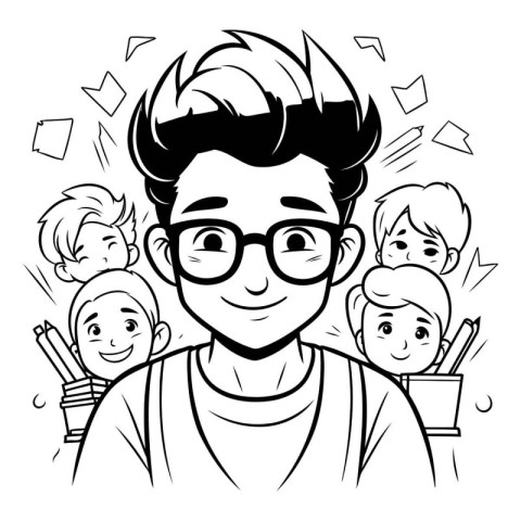 Teenager boy with glasses. black and white vector illustration f