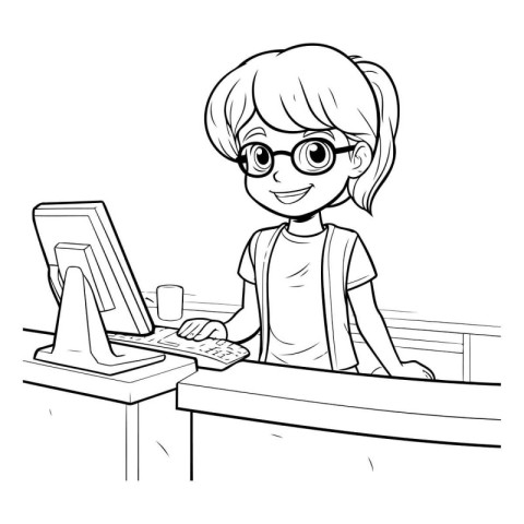 Teenager girl using computer. Black and white vector illustratio