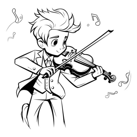 Cute boy playing the violin. Black and white vector illustration