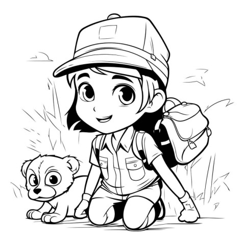 Outdoor explorer girl with backpack and teddy bear. Vector illus