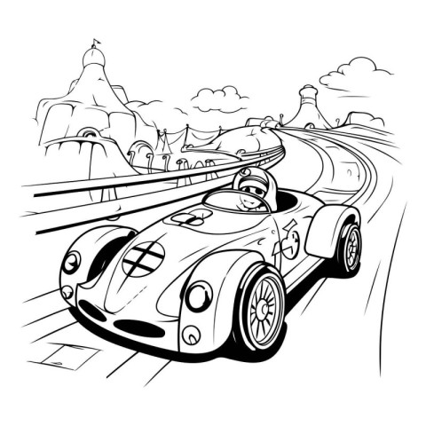 Sketch of a vintage sports car on the road. Vector illustration