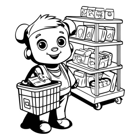 Black and White Cartoon Illustration of Little Girl with Shoppin