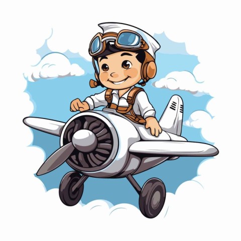 Cute boy pilot with airplane in the sky cartoon vector illustrat