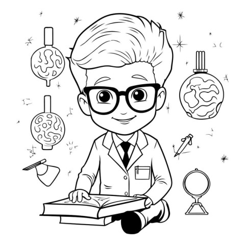 Vector illustration of a boy in a lab coat reading a book.