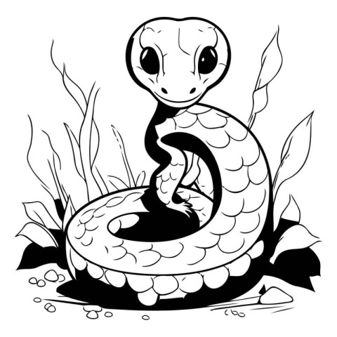 Cute snake in the garden. Black and white vector illustration.