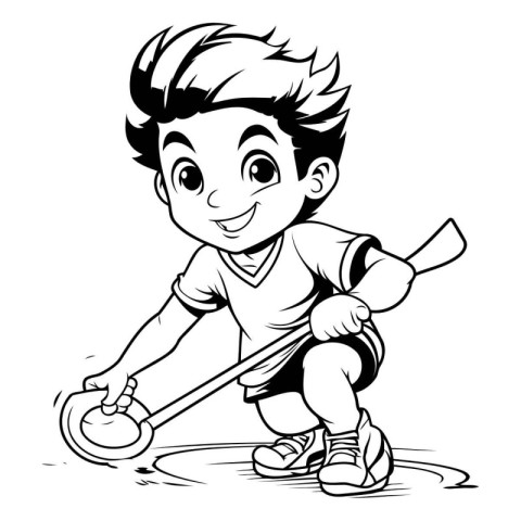 Black and White Cartoon Illustration of Kid Boy Riding a Skatebo