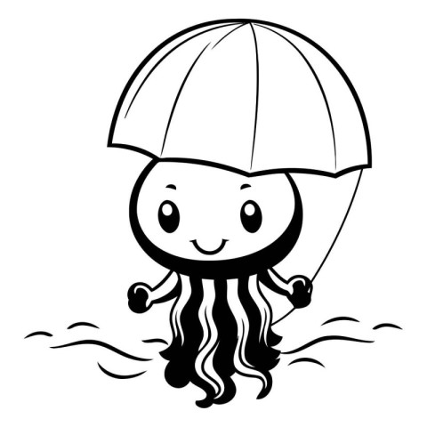 Black and White Cartoon Illustration of Cute Jellyfish with Umbr