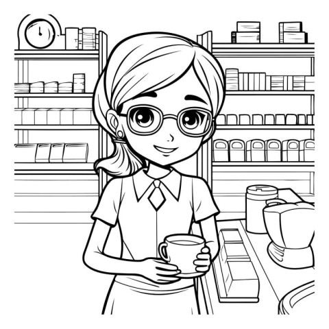 Cute cartoon girl with coffee cup in shop. Vector illustration.