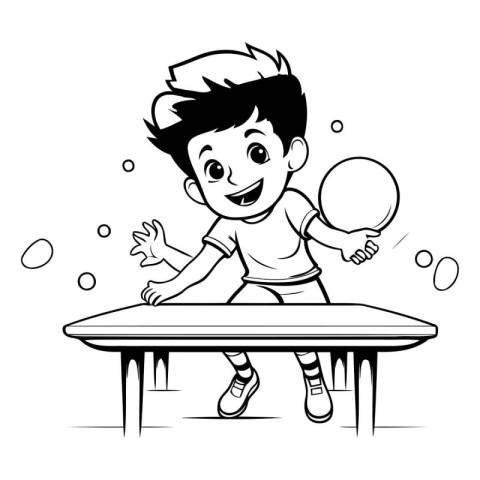 Boy playing table tennis. Black and white vector illustration fo