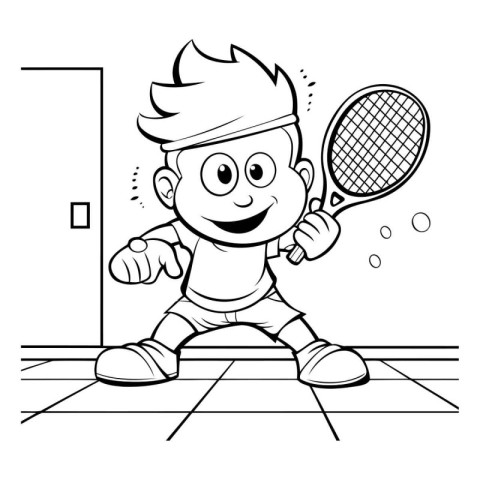 Cartoon illustration of a boy playing tennis. Coloring book for