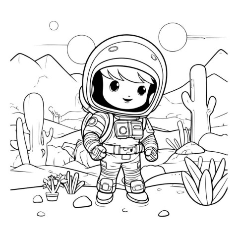 Cute astronaut in the desert. Vector illustration for coloring b