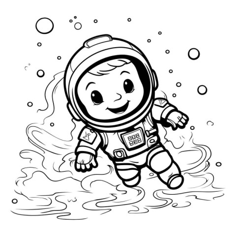 Cute cartoon astronaut in the water. Black and white vector illu