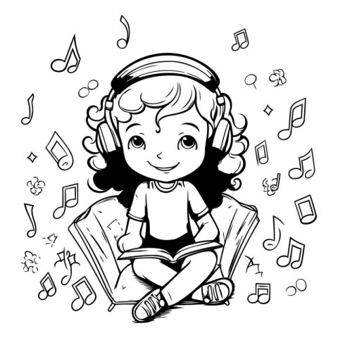 Little girl listening to music with headphones. Black and white